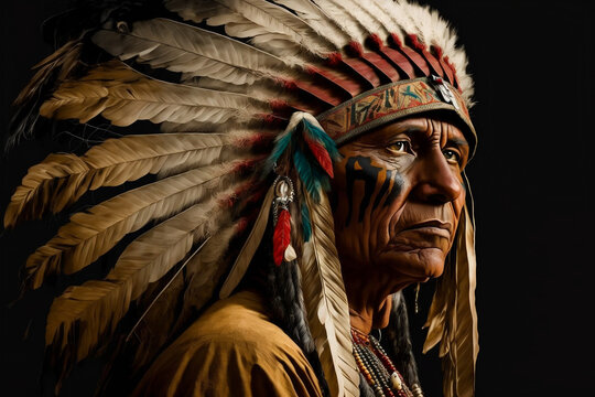 Old native american indian - indian headdress tribal chief feather hat with  feathers, illustration, generative ai Stock Photo | Adobe Stock