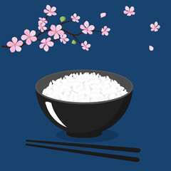 Rice bowl with chopsticks and cherry blossom Sakura branch on blue background vector illustration.