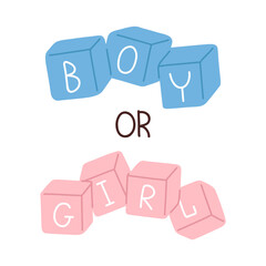 Vector poster, banner, print design or greeting card for Welcome Baby Shower with cute  hand drawn lettering boy or girl on baby toy blocks