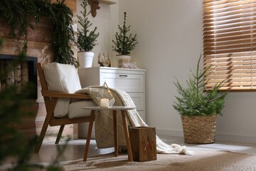 Beautiful room decorated for Christmas with potted firs. Interior design