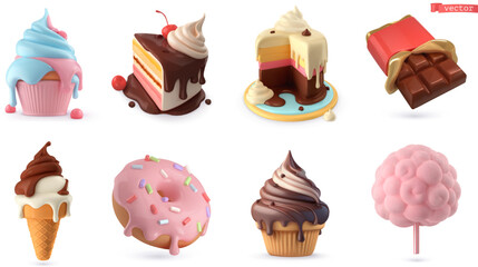 Sweet food 3d vector icon set. Cupcake, cake, chocolate bar, ice cream, donut, cotton candy - 563572831