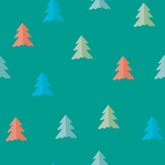 Seamless pattern of colored Christmas trees (fir) on a green-turquoise background.