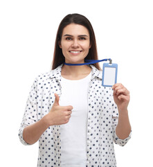 Happy woman with vip pass badge showing thumb up on white background