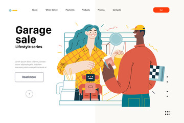 Obraz premium Lifestyle web template -Garage sale -modern flat vector illustration of a woman selling house stuff, table filled with house utilities and toys, and man buying a chess board. People activities concept
