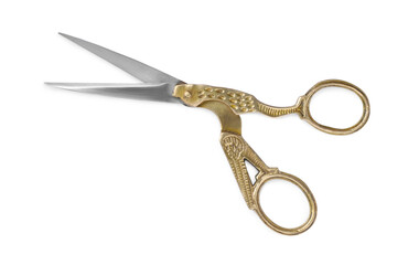 Pair of scissors with ornate handles isolated on white, top view