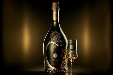 Eine Flasche Premium Champagner mit Glas - obrazy, fototapety, plakaty