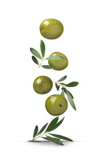 Fresh olives and leaves falling on white background