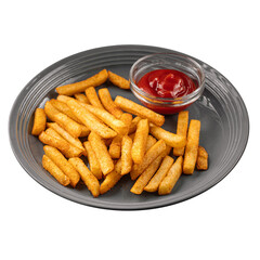 Portion of french potato fries with ketchup