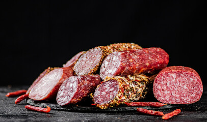 A variety of types of salami sausage with dried chili peppers on the table. 