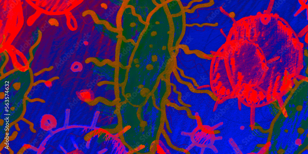 Wall mural red dna cancer cell. colorful bacteria images.