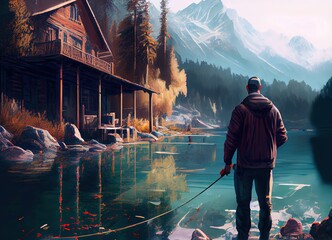 A man stands on the lake and a beautiful nature background with the vintage house, Generative Ai