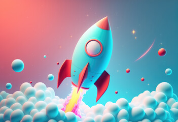 3D blue Rocket with fire. Startup and business concept. Spaceship launch. SEO optimisation and strategy. Space for business. Cartoon creative design icon isolated on neon background. Generative ai