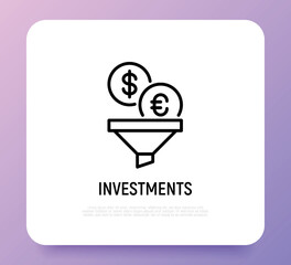 Investment: coins of dollar and euro falling in funnel. Thin line icon. Money conversion, optimization of finance flow. Vector illustration.