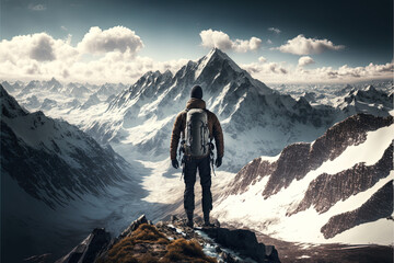 Bergsteiger schaut auf sein Ziel, Bergsteiger will ans Ziel, Schweizer Berge, Berglandschaft, Gipfel erklimmen, Generative AI - obrazy, fototapety, plakaty