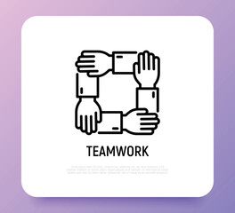 Teamwork, unity, trust and corporate partnership. Thin line icon. Four hands holding each other by wrist. Modern vector illustration.