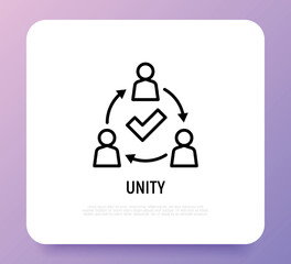 Unity thin line icon. Successful communication employees. Teamwork, collaboration. Circle of people with check mark. Modern vector illustration.