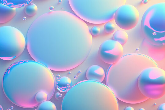Closeup of water drops on holographic surface. Colorful abstract macro background of round geometry with air bubbles inside. Holographic sparkly cover with soft pastel colors. Generative ai