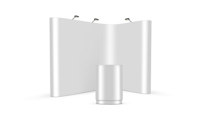 Blank Pop Up Display Stand with Lights and Table, Front View. Vector Illustration