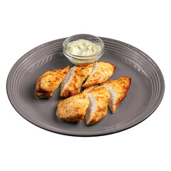 Plate of grilled chicken steak with sauce