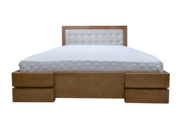 double wooden bed with a mattress on a transparent background, cut out