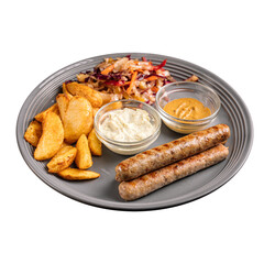 Portion of grilled chicken sausages with potato wedges