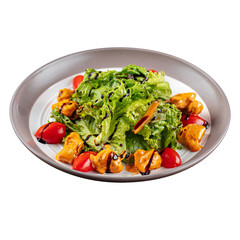 Portion of salad with lettuce and battered fried chicken