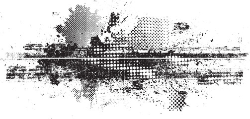 Glitch distorted grunge layer with a textures, lines, halftone dots, brush strokes, stripes, spots . Trendy defect  shapes . Overlay grunge texture . Distressed effect .Vector screen print texture.