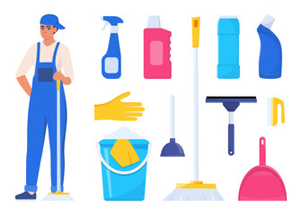Woman dressed in uniform with mop. Worker of cleaning service. Cleaning tools and detergent. Bucket, scoop, brush, washing powder, bottle of spray, sponge, glass scraper, rubber gloves. Vector.