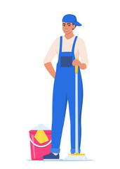 Cleaning service woman character in uniform with mop. Worker of cleaning service. Vector illustration.