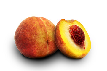 Juicy peaches, fruits. Isolation on a white background, healthy food
