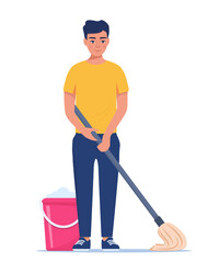 Man washing the floor. House cleaning concept. Household activities, housekeeping concept. Vector illustration in a flat style.