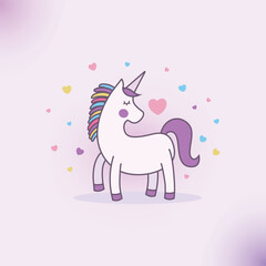 Unicorn illustration design with colorful heart shape decoration.