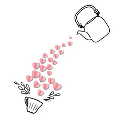 Creative layout with drawing teapot pouring paper heart into tea cup on white background. Creative Valentine's concept. Still life visual trend. Flat lay.