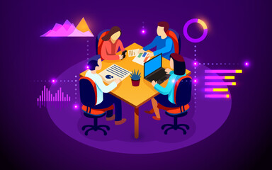 Teamwork website banner template. Business team working with data. Group of office colleagues discussing data around table. Isometric