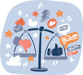Vector illustration of The concept of balance on the scales is the symbol "Yes" or "No". Finger up and down symbols are good and bad, confirmation and rejection, Like and dislike.