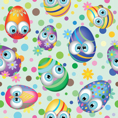 Easter Eggs Cute, Funny and Colorful Vector Seamless Textile Motive Pattern on polka dots and floral background 