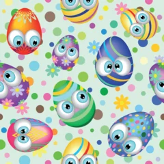 Fototapete Zeichnung Easter Eggs Cute, Funny and Colorful Vector Seamless Textile Motive Pattern on polka dots and floral background 