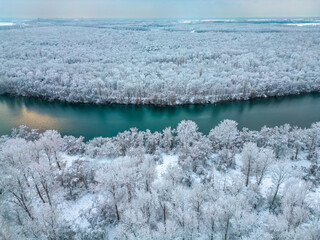 Panoramic winter landscape with the river Rhine at Bruehl near Mannheim in Germany.