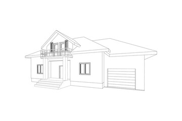 3D suburban house model. Drawing of the modern building. Cottage project on white background. Vector blueprint.