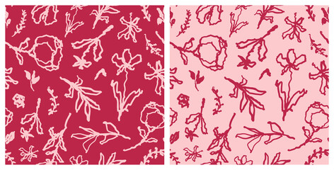 Set of scribbled flowers with leaves seamless repeat pattern. Bundle of random placed, vector hand drawn botanical elements on vivid magenta and pink backgrounds.