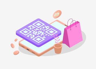 QR code payment - a contactless and cashless method of paying by scanning a QR code with a mobile smartphone app. Illustration concept of scanning to pay using QR codes on a vector design