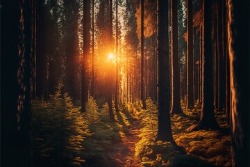 Sunlight between woods in forest. Sunset sunrise concept.Generative AI.