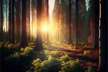 Sunlight between woods in forest. Sunset sunrise concept.Generative AI.