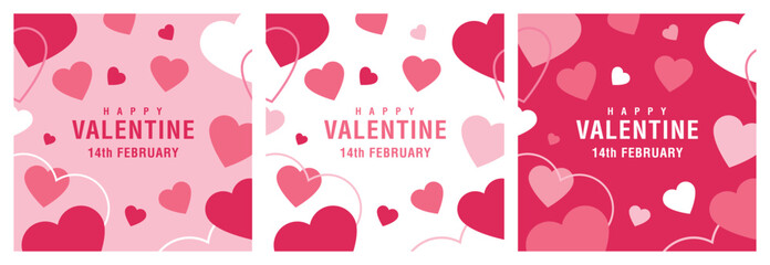 Happy Valentine's Day set of simple cards, banners or backgrounds with heart frame and pattern in modern flat style for decor, greetings, packaging, print, web, promo, sale, pattern