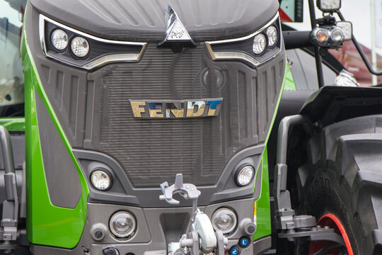 Bednary, Poland - September 25, 2021: Agroshow. Fendt brand tractor machine. Manufacturer agricultural equipment. Detail and part of vehicle