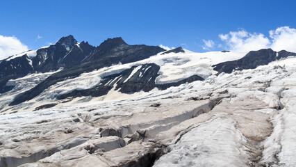 Fototapeta na wymiar Mountain Grossglockner panorama and glacier Pasterze with icefall Hufeisenbruch and crevasses in Glockner Group, Austria