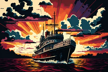 Pop Art Deco Boat in Sunset with Clouds digital painting made with generative AI. © imagined