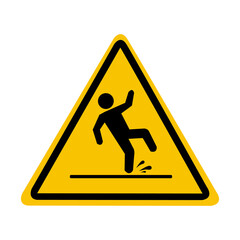 Slippery wet floor. The falling man is highlighted on the yellow triangle. Caution and warning.