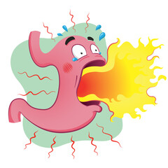 Stomach mascot with heartburn and burning. Anatomy and symptom. Ideal for training and education materials