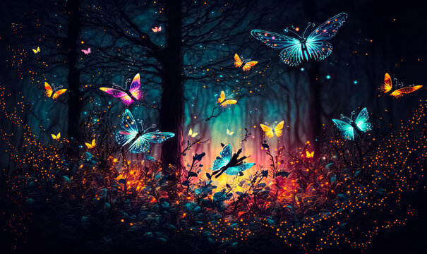 Fluttering fireflies and butterflies fly in the night fantasy enchanted forest. Fairy tale concept., generative ai